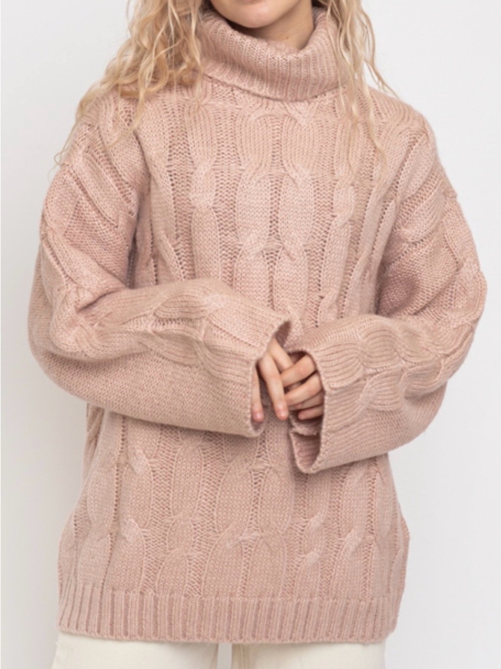 NATIVE YOUTH Cable Knit Oversized Turtleneck Sweater Blush Pink